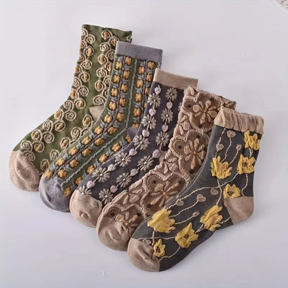 5-Pair Floral & Lace Socks | Neutral Tones | Ribbed Cuffs | Boutique Item